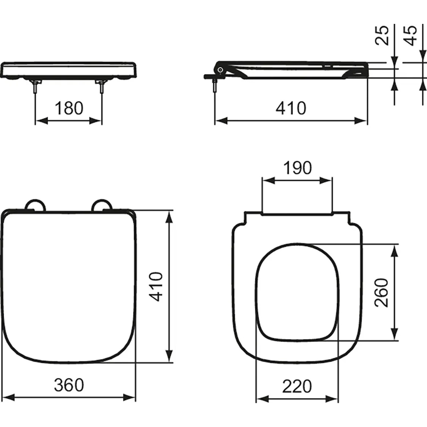 Technische Zeichnung: Ideal Standard i.life S WC-Sitz, Wrapover, Weiß, mit Maßen.