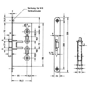 Technische Zeichnung: Einsteckschloss für feuerhemmende Türen mit Maßen.