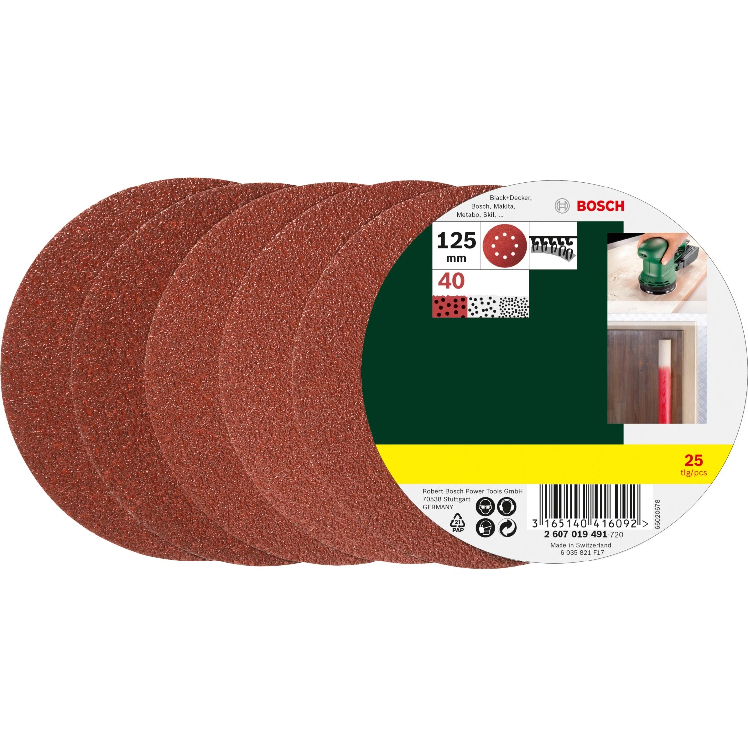 Bosch Schleifblatt-Set K40, Ø 125mm, 25 Stück für Exzenterschleifer.