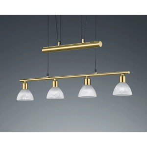 Messingfarbene Trio LED-Pendelleuchte JoJo Levisto mit vier alabasterfarbenen Glasschirmen.