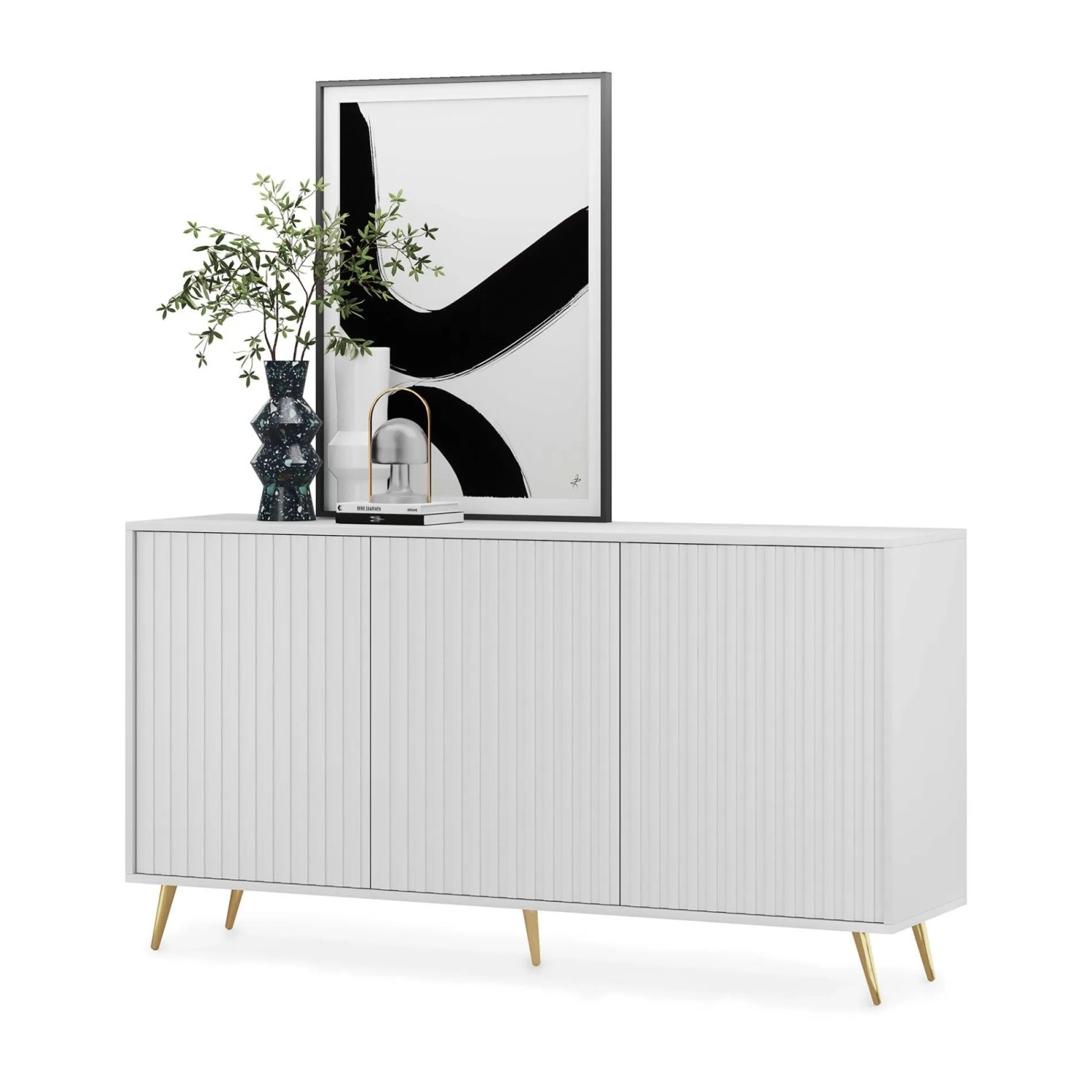 Selsey Sideboard Bello mit Lamellenfronten 154 cm Weiß mit Goldenen Beinen_7