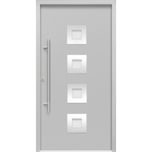 Graue Sicherheits-Haustür ThermoSpace Prime Wien RC2 mit Edelstahlgriff und vier quadratischen Glaseinsätzen.