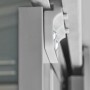 Detailaufnahme: Metall-Gerätehaus Globel Industries, silber metallic, Türrahmen.