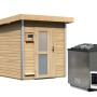 Karibu Saunahaus Marten mit Ofen und Steuerung. Holzhaus mit Glastür und Saunaofen mit Steinen.