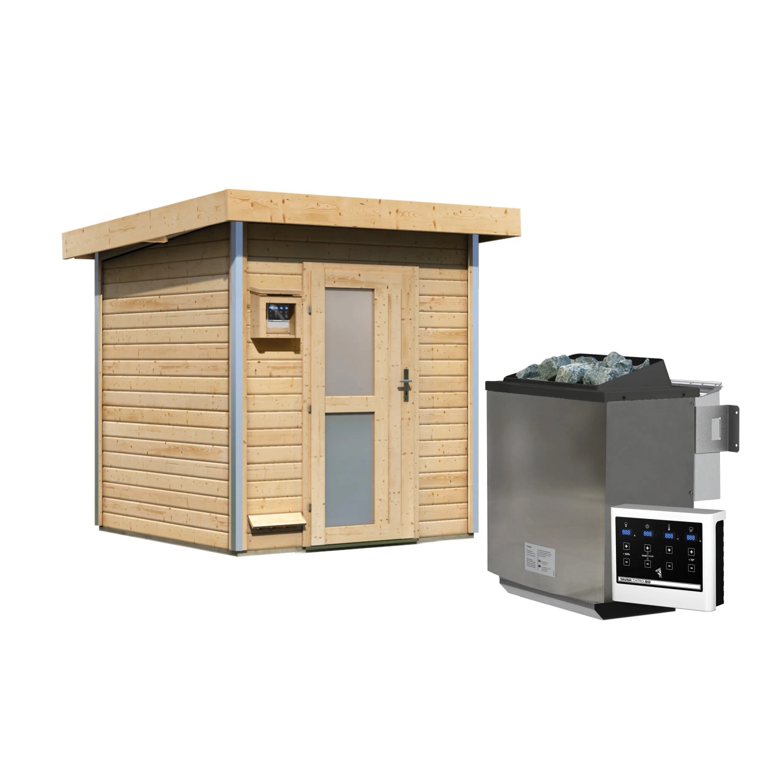 Karibu Saunahaus Marten mit Ofen und Steuerung. Holzhaus mit Glastür und Saunaofen mit Steinen.