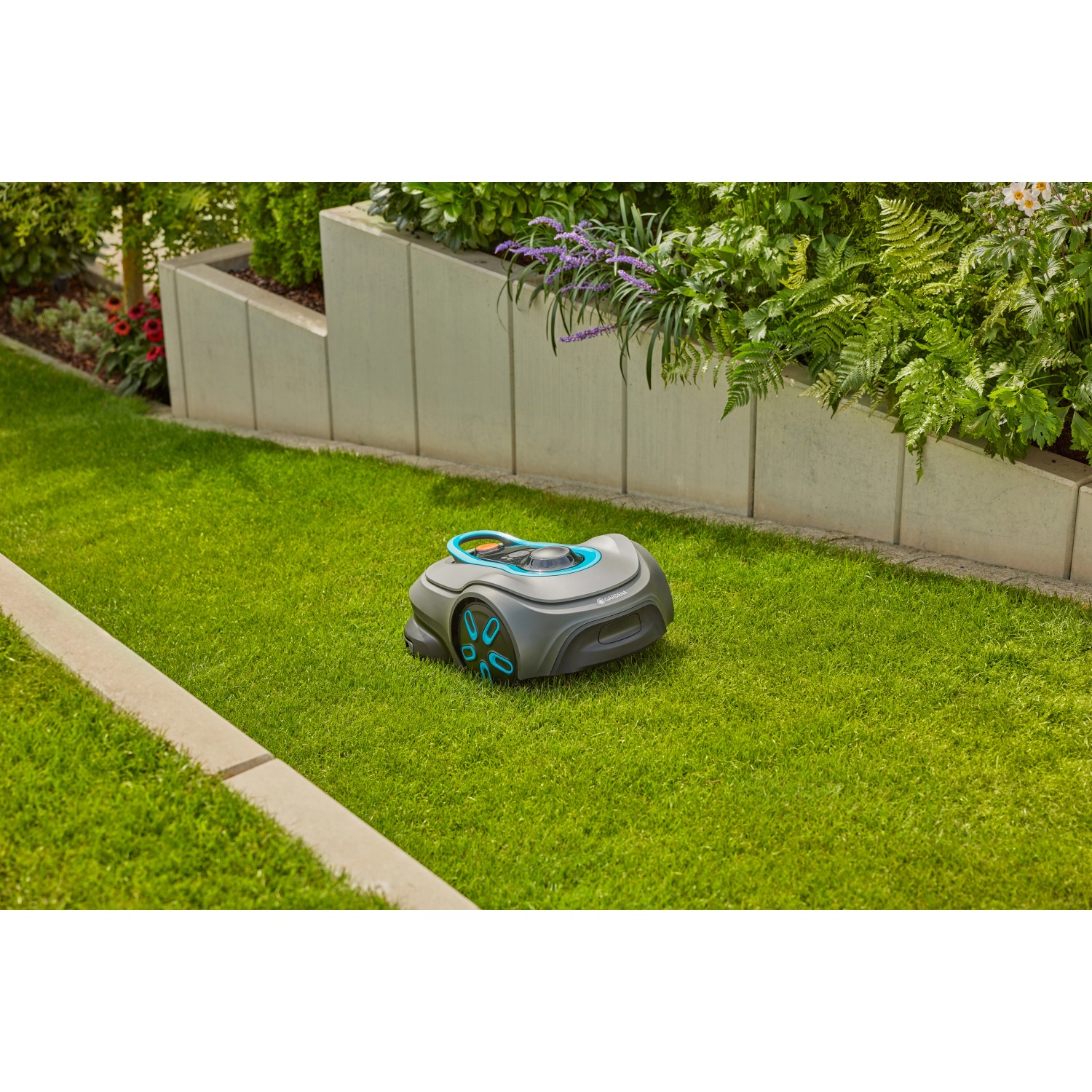 Gardena Mähroboter Sileno Smart Free 800 auf Rasenfläche. Kabelloser Rasenmäher mit Ladestation und Smart-Gateway.