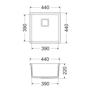 Technische Zeichnung der schwarzen Miló Qubo Einbauspüle aus Granitverbundstoff mit Maßangaben.
