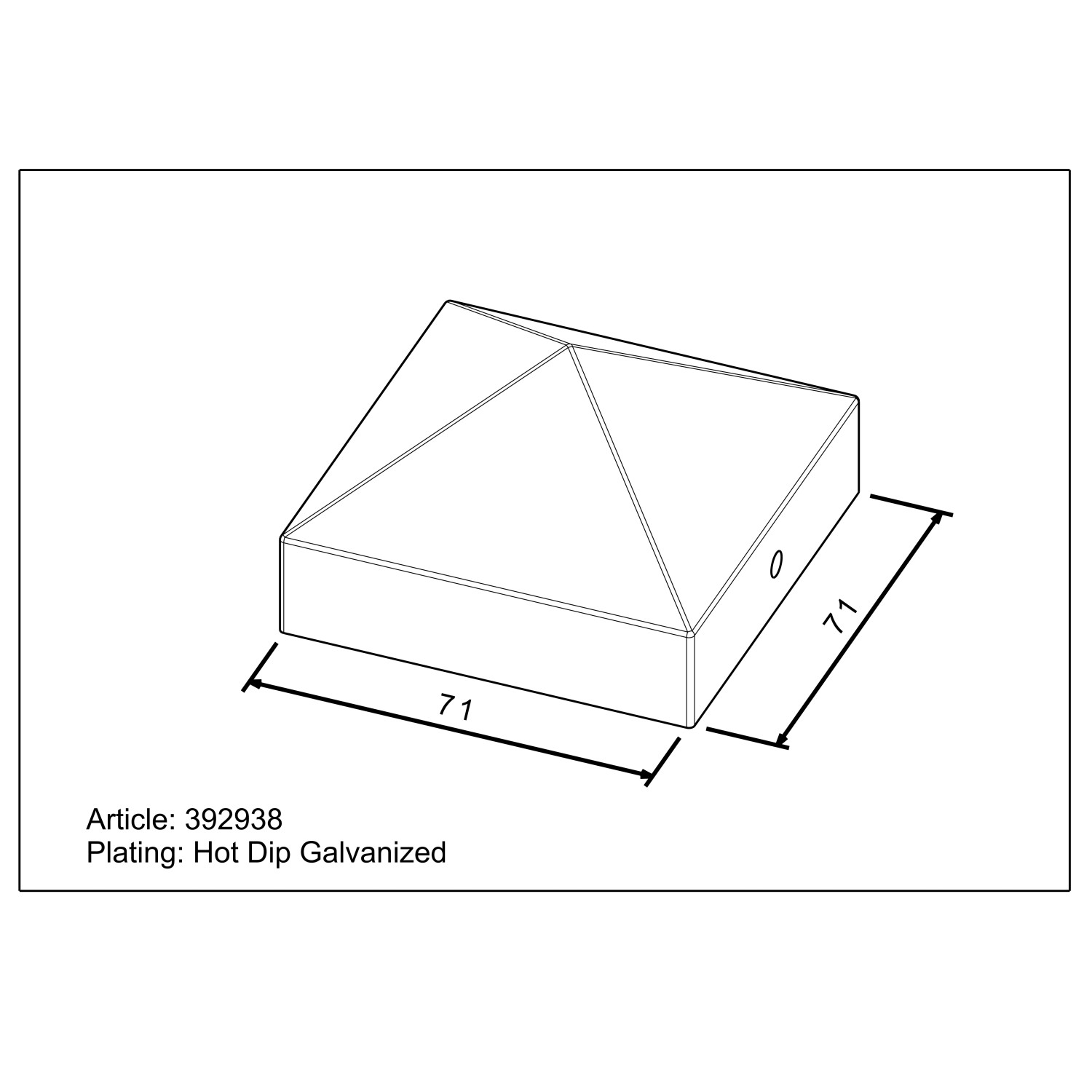 Quadratische, feuerverzinkte Pfostenkappe, 71x71 mm, für Holzpfosten im Außenbereich.