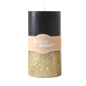 Schwarze Stumpenkerze mit goldglitzerndem Unterteil und Sternen. Dekorative Wachskerze Praga, 9 cm hoch.