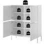 Selsey Highboard Bemmi, kaschmirgrau. Offene Türen zeigen 8 Fächer mit 5 kg Belastbarkeit pro Boden, Oberseite 20 kg.