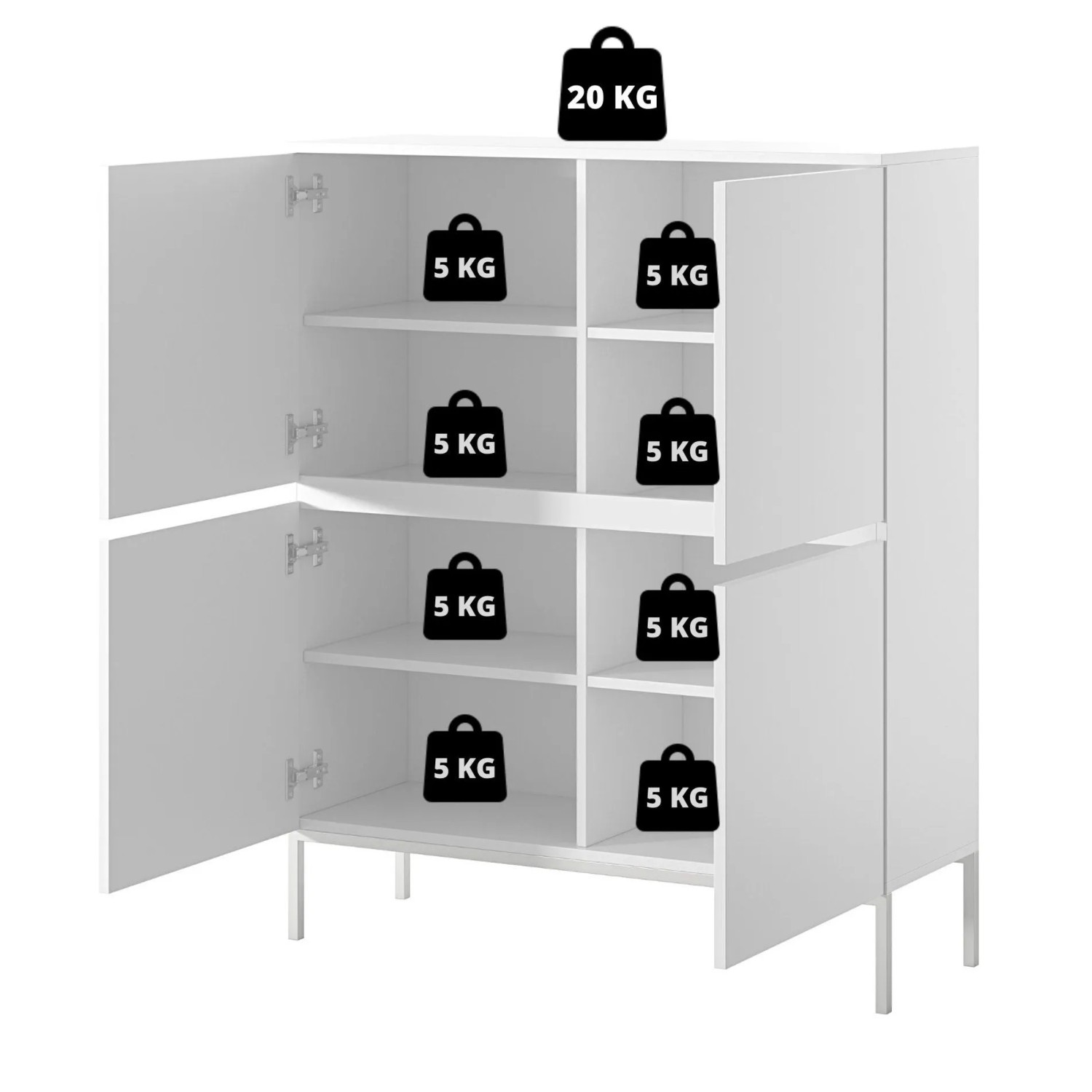 Selsey Highboard Bemmi, kaschmirgrau. Offene Türen zeigen 8 Fächer mit 5 kg Belastbarkeit pro Boden, Oberseite 20 kg.