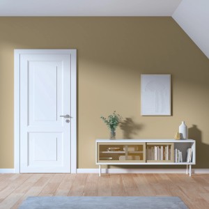 Wohnraum mit salbeibeiger Wandfarbe Fred von CREATE! by OBI, kombiniert mit weißen Möbeln.