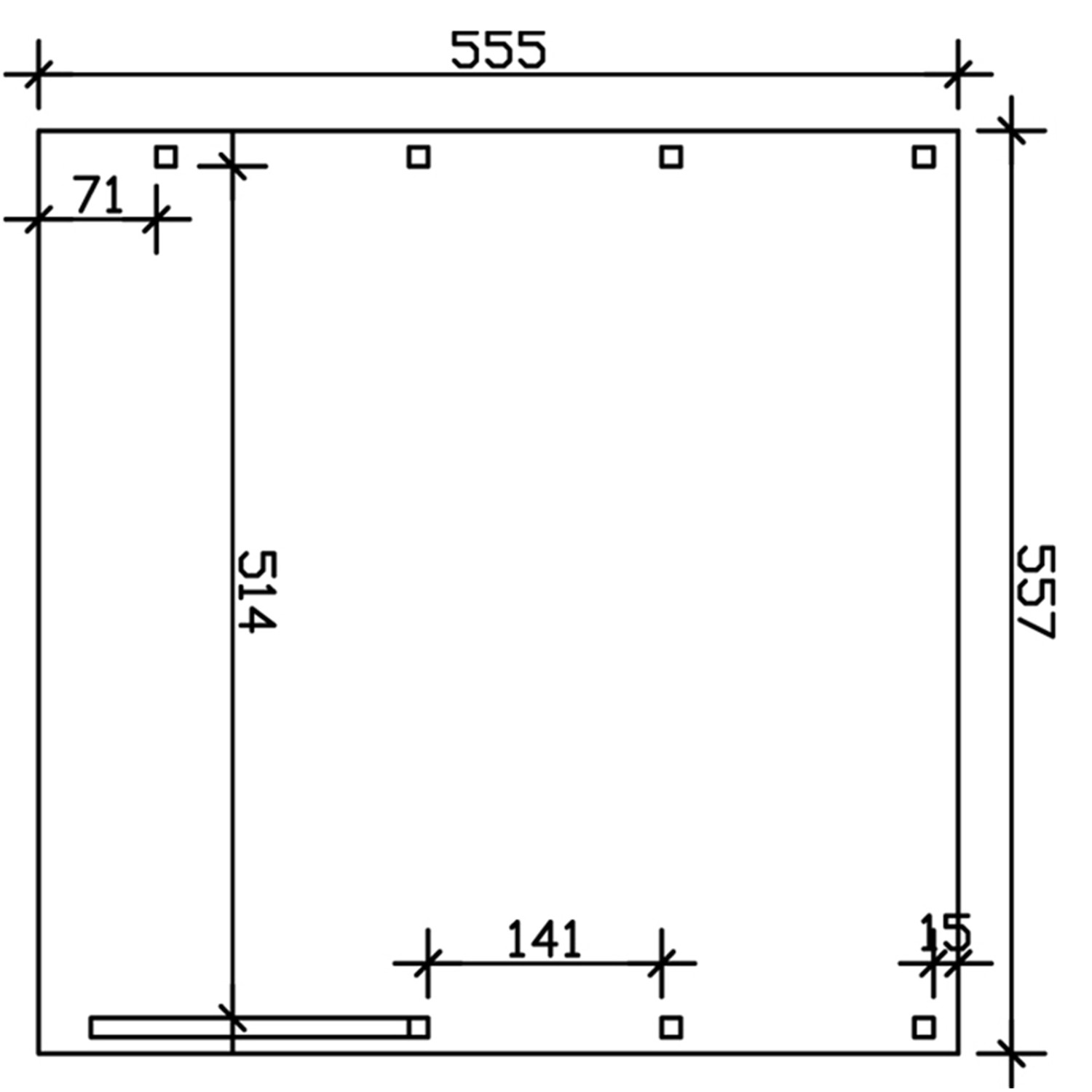 Skizze des Skan Holz Flachdach-Doppelcarports Friesland Set 7 mit Maßangaben (557x555cm).