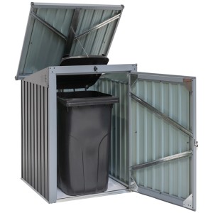 Geöffnete graue Westmann Müllbox mit Mülltonne. Universalbox aus verzinktem Stahlblech.