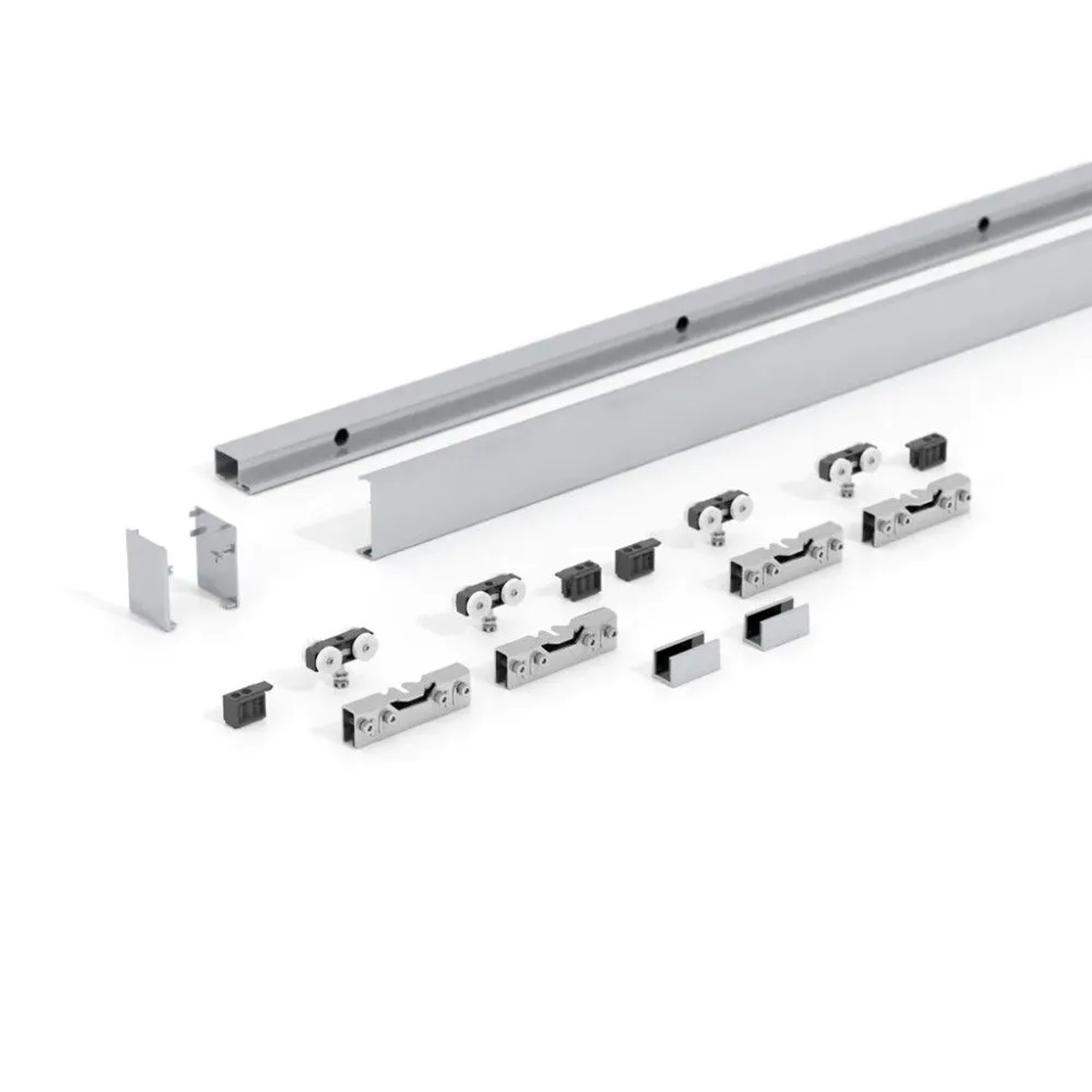 Levidor Doppelglasschiebetür Komplettset: Aluminiumschienen, Laufwagen und Montagezubehör. Silberne Komponenten.