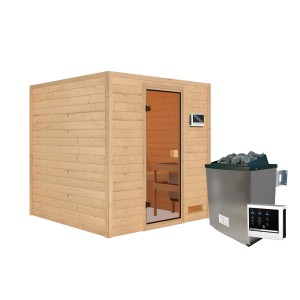 Karibu Sauna Jara Set: Naturbelassene Massivholzsauna mit Ofen und externer Steuerung.
