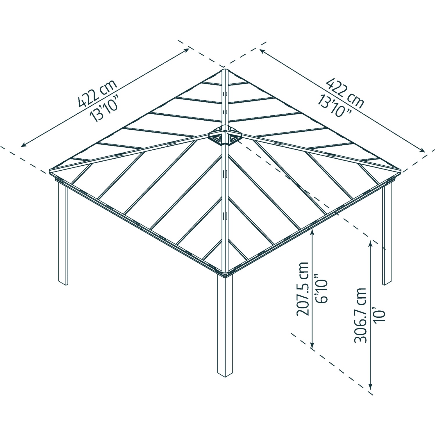 Technische Zeichnung des anthrazitfarbenen Palram Canopia Dallas Gartenpavillons mit Maßangaben.