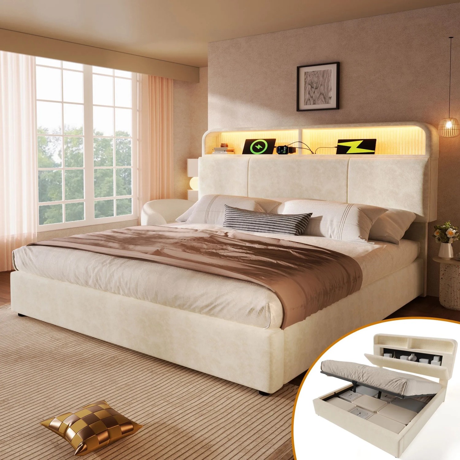 okwish Polsterbett 180x200cm mit Verstellbarem Kopfteil Kinderzimmer Beige ohne Matratze_2