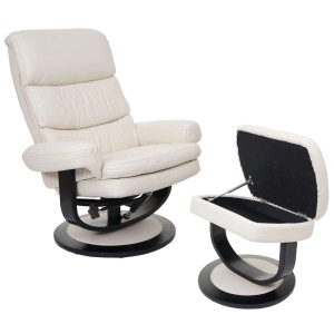 Cremefarbener Relaxsessel mit Hocker und Staufach, Kunstleder, drehbar und verstellbar.