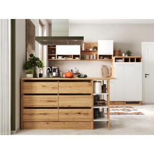 Respekta Inselküche Hilde 310 cm in Weiß mit Holzoptik und Elektrogeräten.