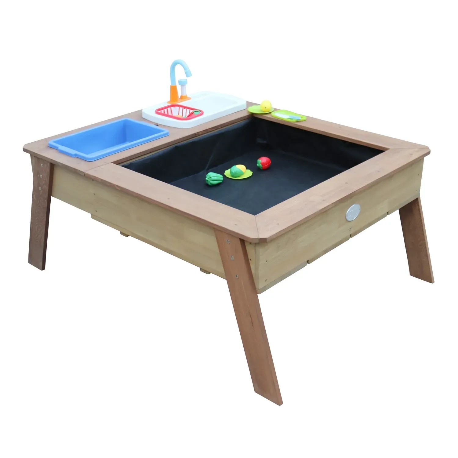 Axi Sand- und Wassertisch Linda mit Spielküche, Sonnenschirm blau-weiß, Zubehör.