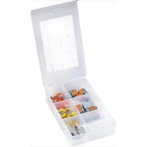 Sortimentsbox mit 45 Verbindungsklemmen in verschiedenen Ausführungen.