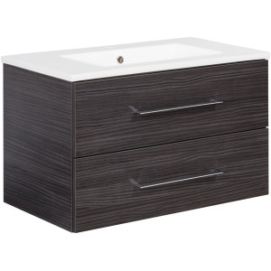 Fackelmann Einzelwaschtisch B.Perfekt 80 cm Dark Oak mit zwei Schubladen und Keramikwaschbecken.