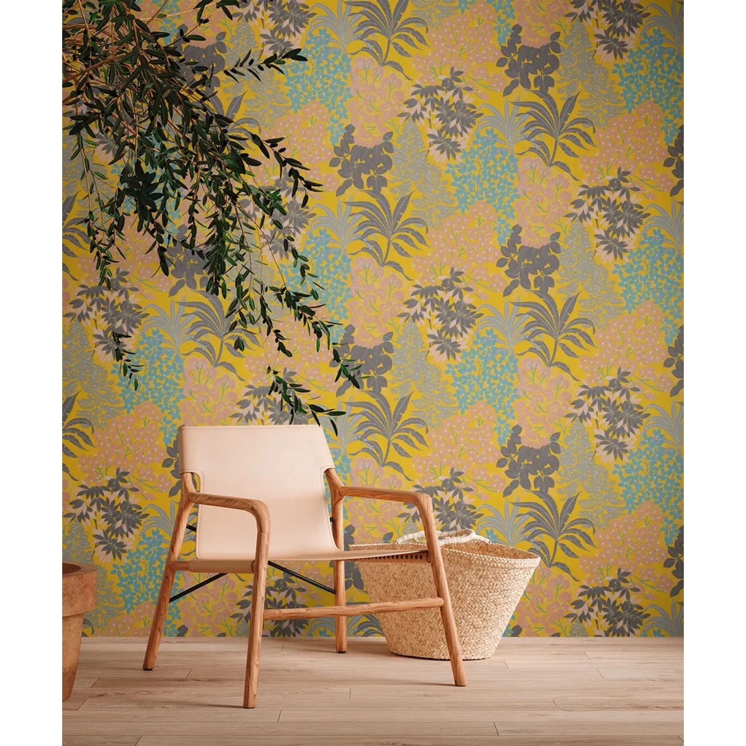 AS-Creation Vliestapete Floral Gelb/Schwarz mit floralem Muster und leichter Struktur.