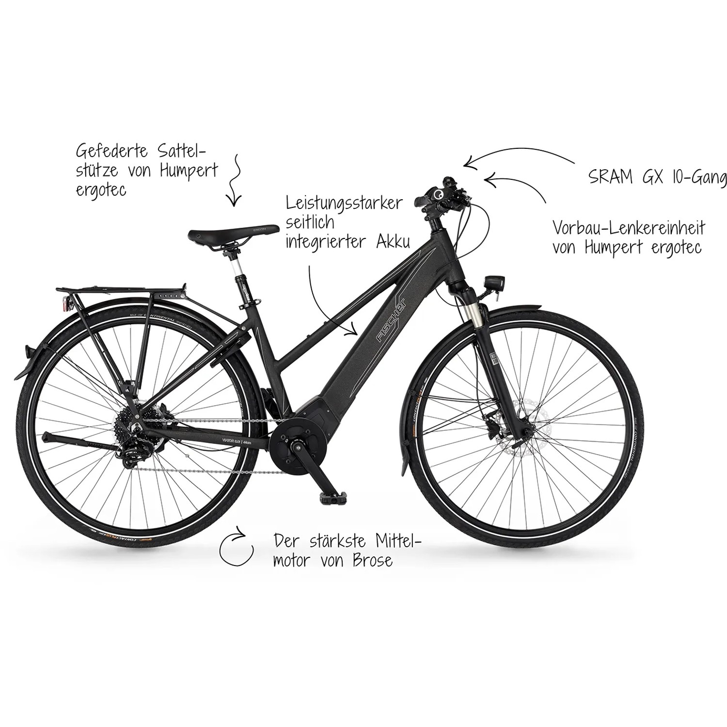 Schwarzes Fischer E-Bike Viator 6.0i mit Brose Mittelmotor und integriertem Akku.