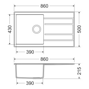 Technische Zeichnung der graphitfarbenen Miló Einbauspüle Luxuria 86 aus Granitverbundstoff mit Maßangaben.