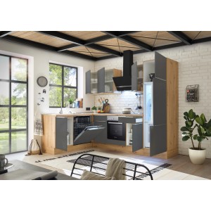 Moderne Respekta Winkelküche Marleen in Artisan-Eiche Grau Matt mit E-Geräten.