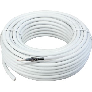 Aufgerolltes, weißes Schwaiger Koaxialkabel 110 dB, 10 m, mit freiem Kabelende.