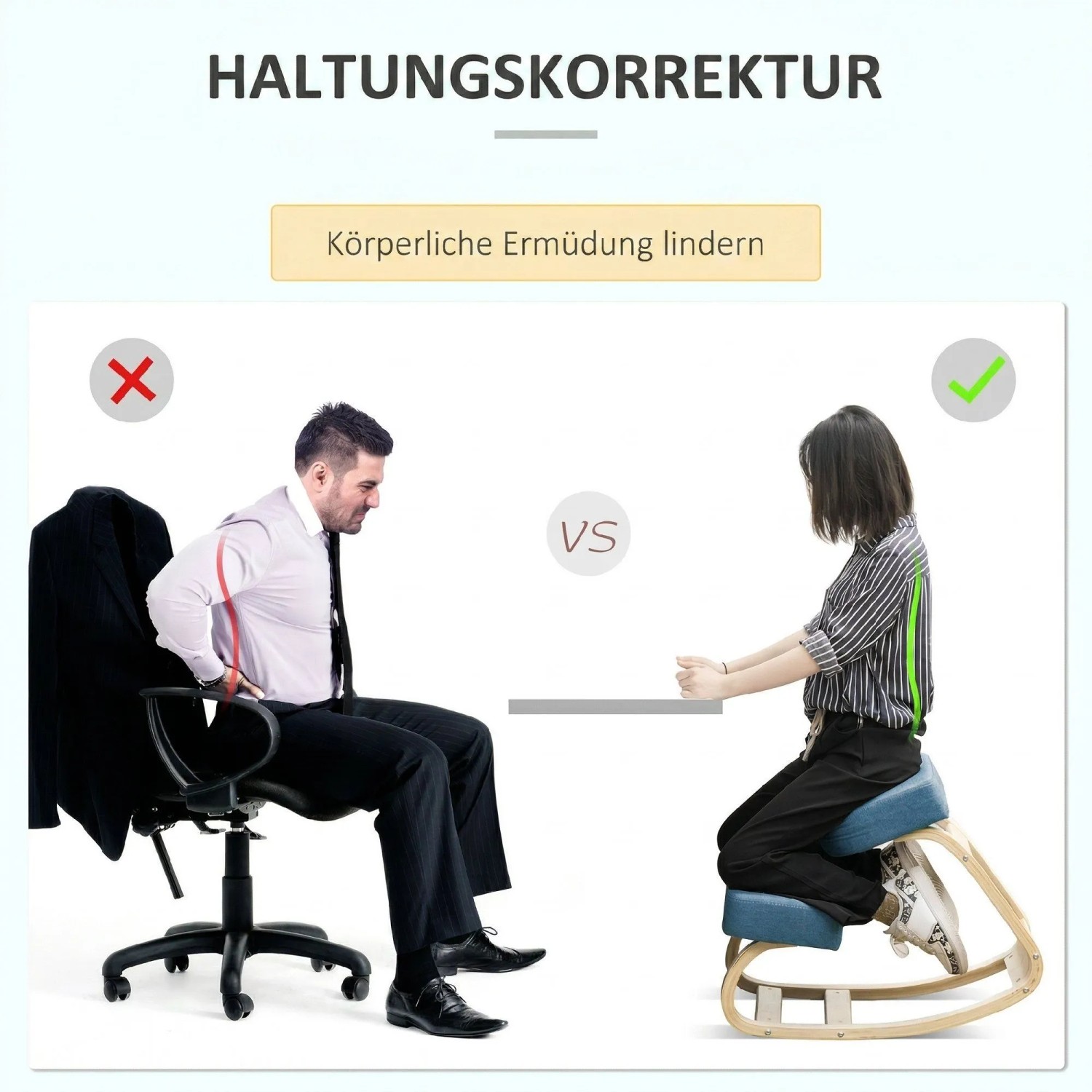 Vinsetto Kniestuhl aus Birke, blau, zeigt Haltungskorrektur im Vergleich zu Bürostuhl. Fördert gesunde Sitzhaltung.