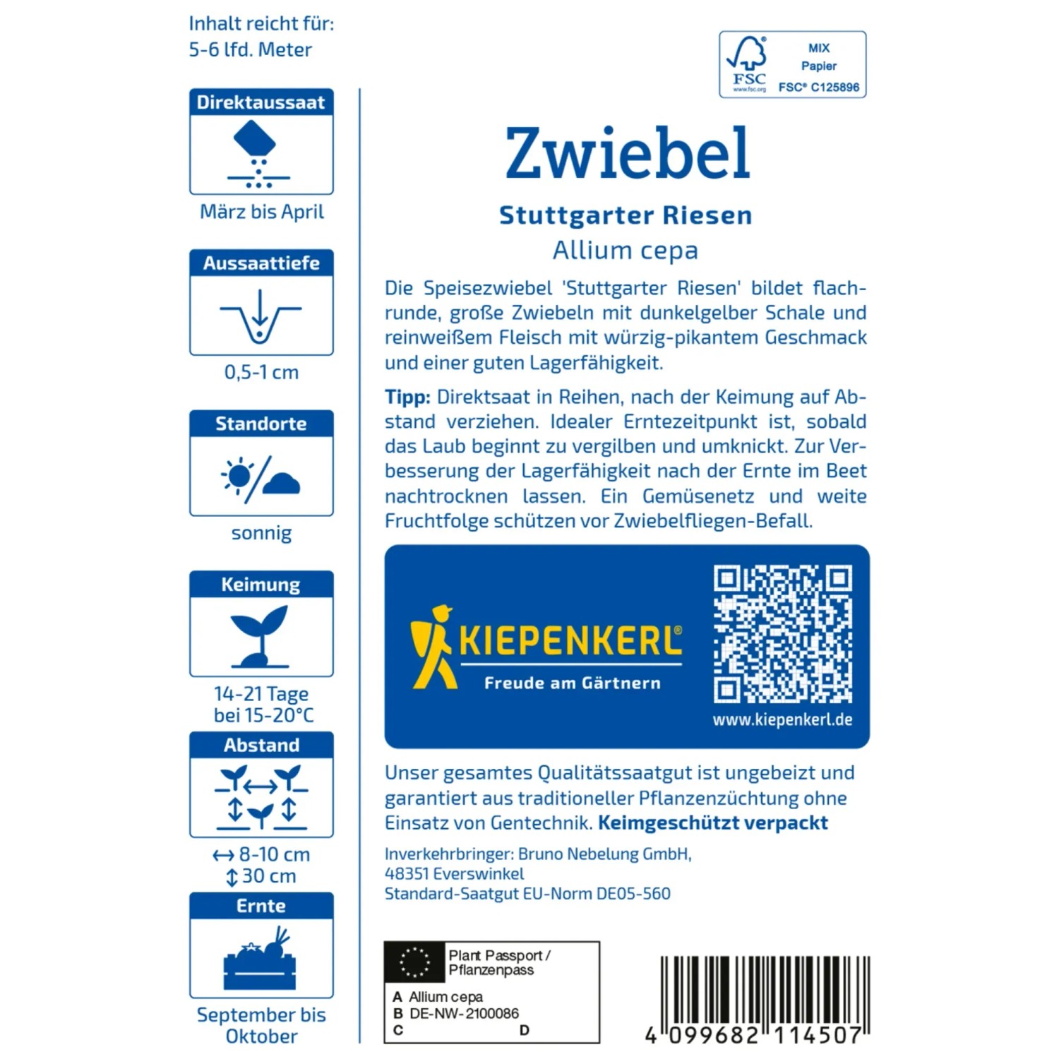 Kiepenkerl Zwiebeln 'Stuttgarter Riesen' Samenpackung mit Infos zu Aussaat und Ernte.