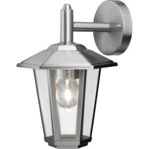 Moderne Außenwandleuchte Magione aus Edelstahl mit klaren Glasscheiben.