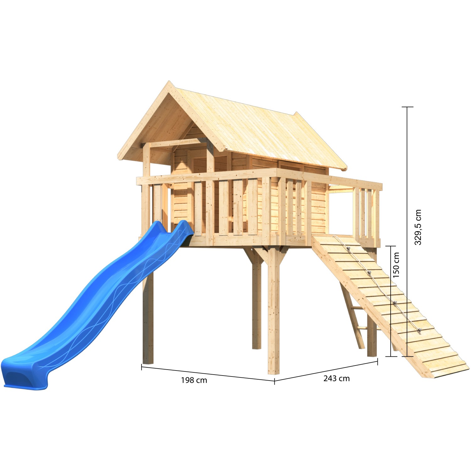 Karibu Stelzenhaus Fidel Set mit blauer Rutsche und Holzrampe. Spielturm aus Holz für Kinder.