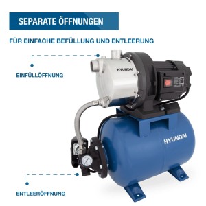 HYUNDAI Hauswasserwerk HWW12050-ST mit blauem Stahlkessel, separaten Einfüll- und Entleeröffnungen für Wartung.