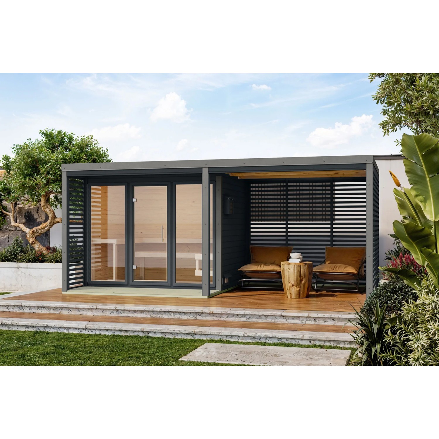 Karibu Saunahaus Seros 3 in Anthrazit/Graualuminium mit Terrasse und Klarglasfenster.