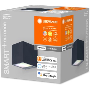 Verpackung der Ledvance Smart+ Brick Multicolor Außenleuchte, dunkelgrau, 85x85cm. Smarte Außenwandleuchte.