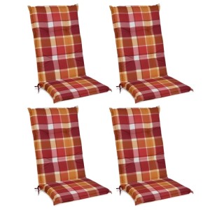4er Set Beautissu Hochlehner Auflagen Sunny RO, 120x50x6cm, rot kariert. Gartenstuhl-Sitzkissen mit Befestigungsschnüren.