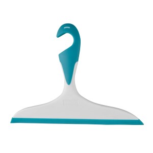 Wenko Duschabzieher Loano hellblau mit Haken für Bad und Dusche.