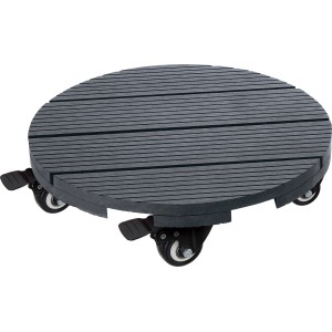 Runder, geriffelter Pflanzenroller aus WPC in Anthrazit mit Rollen und Feststellbremse.
