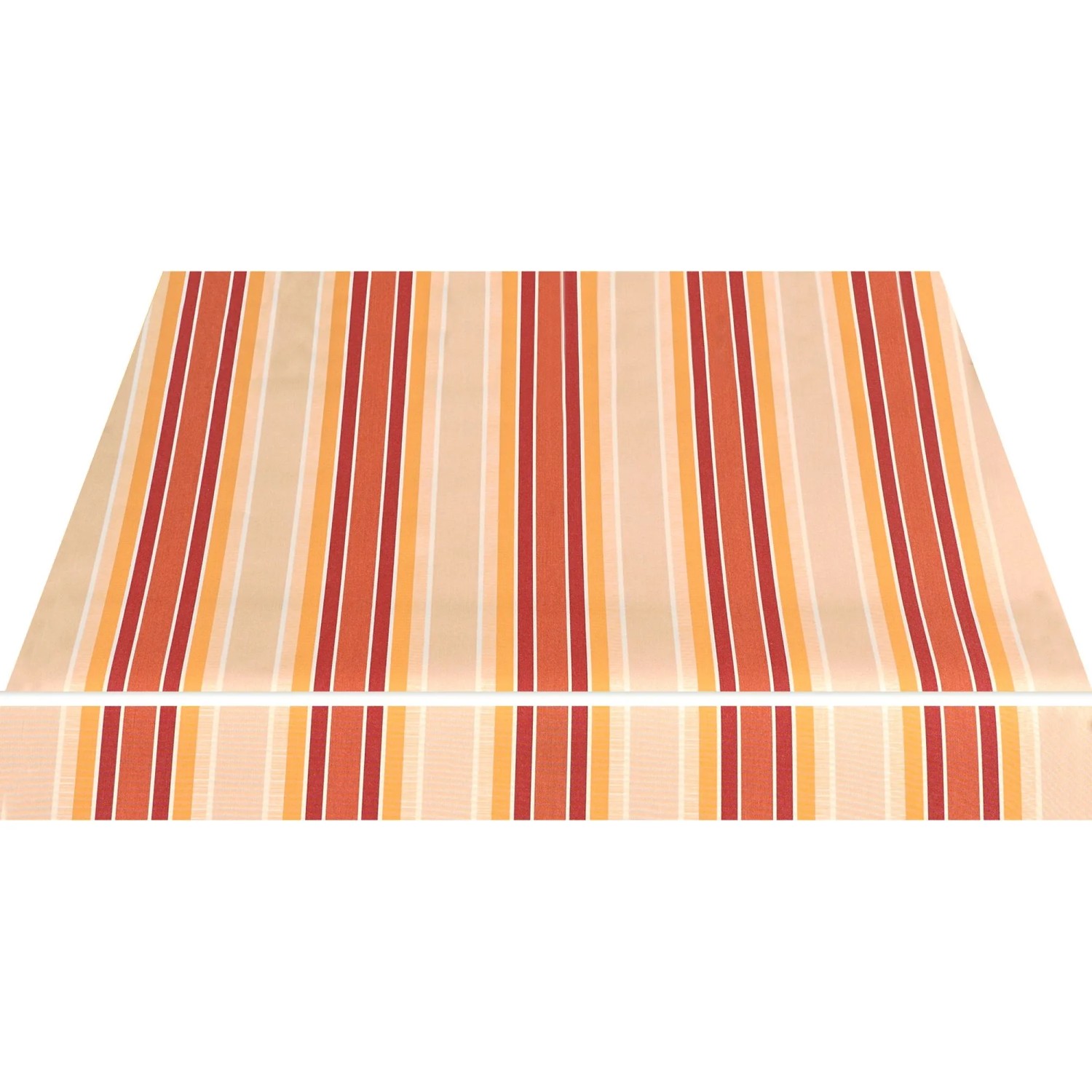 Spettmann Fallarmmarkise Line, 400x150 cm, weiß mit gelb-orange-roten Streifen.