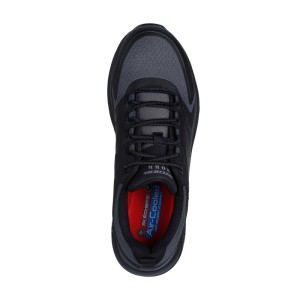 Schwarzer Skechers Speed-Flex Trekker S3S Sicherheitsschuh für Herren, mit grauen Akzenten und roter Memory Foam Innensohle.