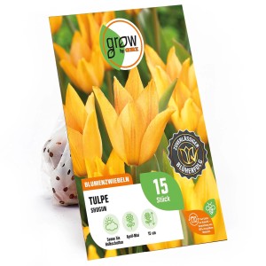 Verpackung der orangefarbenen Tulpe Shogun von GROW by OBI, Blumenzwiebeln für Beet und Garten.