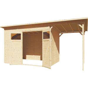 Bertilo Gerätehaus Pent Modern aus Holz, naturbelassen, mit Doppeltür und Anbau.