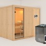 Karibu Sauna Gunda mit Bio-Ofen und externer Steuerung, aus hellem Holz mit Glastür.