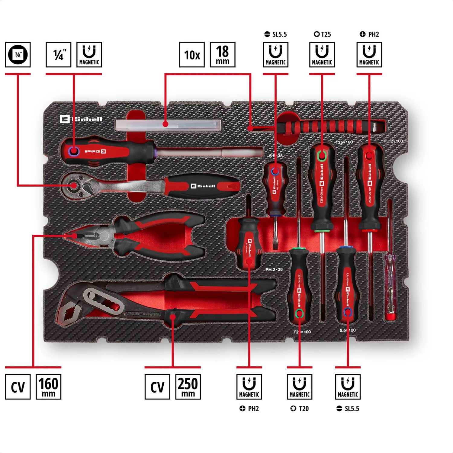 Einhell Werkzeugkoffer Universal 80-tlg. E-CASE: Werkzeugsortiment mit Schraubendrehern, Zangen und Ratschenschlüssel.
