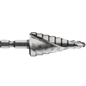 HSS-Stufenbohrer (4-20 mm) mit Sechskantschaft für Universalbohrmaschinen.
