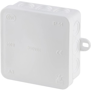 Weißer Abzweigkasten 85x85 mm mit 5 Anschlüssen für Aufputzmontage, staub- und spritzwassergeschützt.